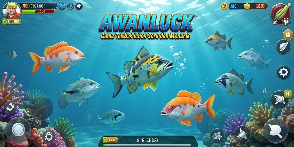Gameplay seru dalam AWANLUCK dengan berbagai jenis ikan untuk ditangkap.