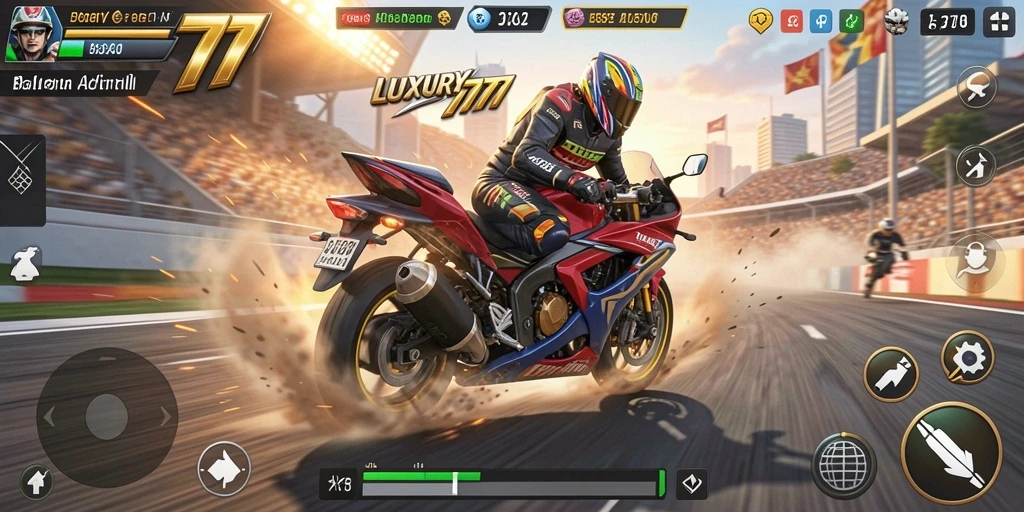 Tampilan gameplay LUXURY777 yang mendebarkan di lintasan balapan motor.