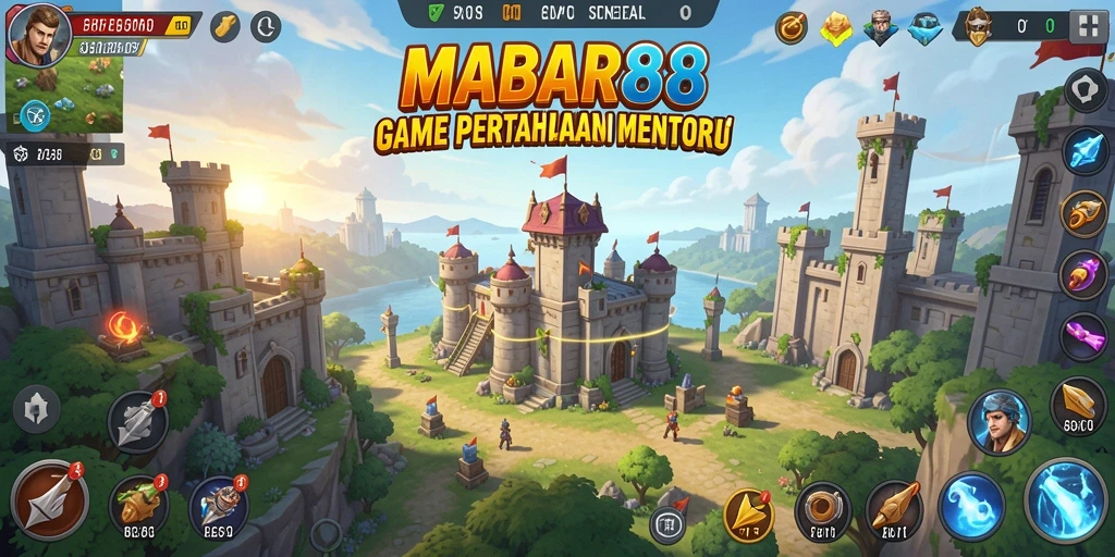 Screenshot gameplay seru dari MABAR88, menunjukkan menara dan serangan musuh.