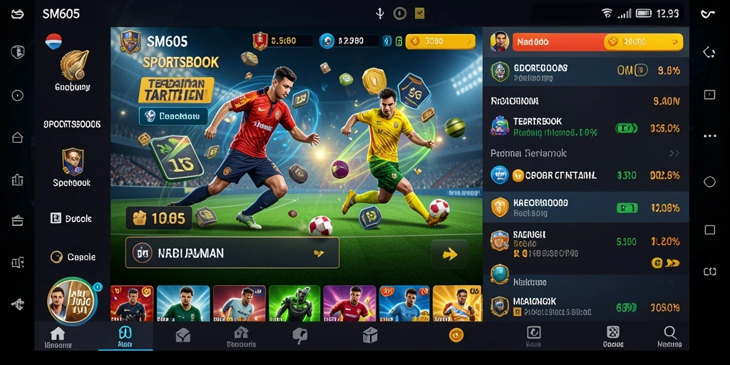 Screenshot gameplay SM605 yang menampilkan fitur Sportsbook.
