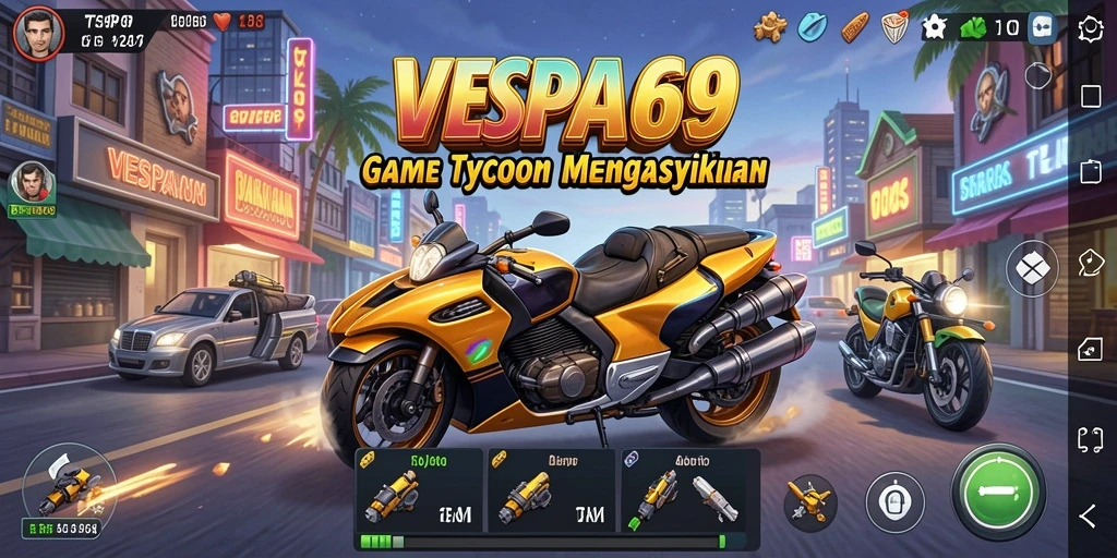Tampilan gameplay <strong>VESPA69</strong> yang mengasyikkan dengan berbagai pilihan bisnis.
