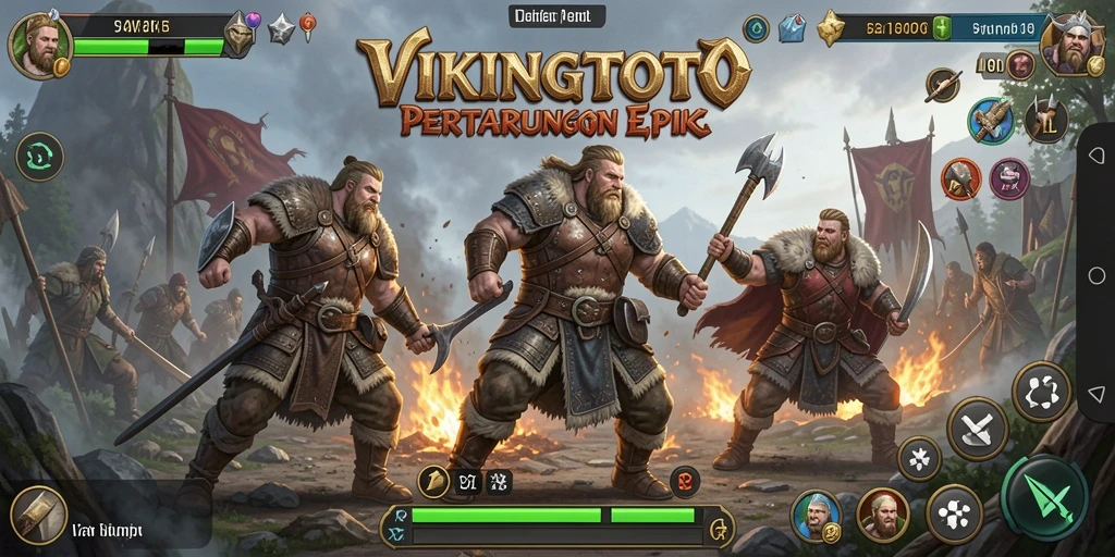 Screenshot gameplay VIKINGTOTO menampilkan pertarungan seru dan karakter Viking yang kuat.